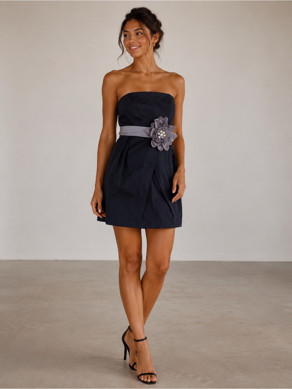 Le Chateau navy Strapless Dress with Gray Floral Accent